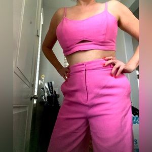 House of Harlow Barbie pink two piece wide leg crop top set denim NWT size 8, 10